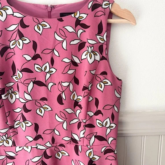 🌸 Ann Taylor Size 0 Pink A-Line Midi Dress – Scoop Neck | Maroon & White Print - Picture 3 of 8